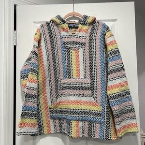 Earth Ragz Large Baja‎ Mexican Blanket Drug Rug Hooded Pullover Poncho, Rainbow